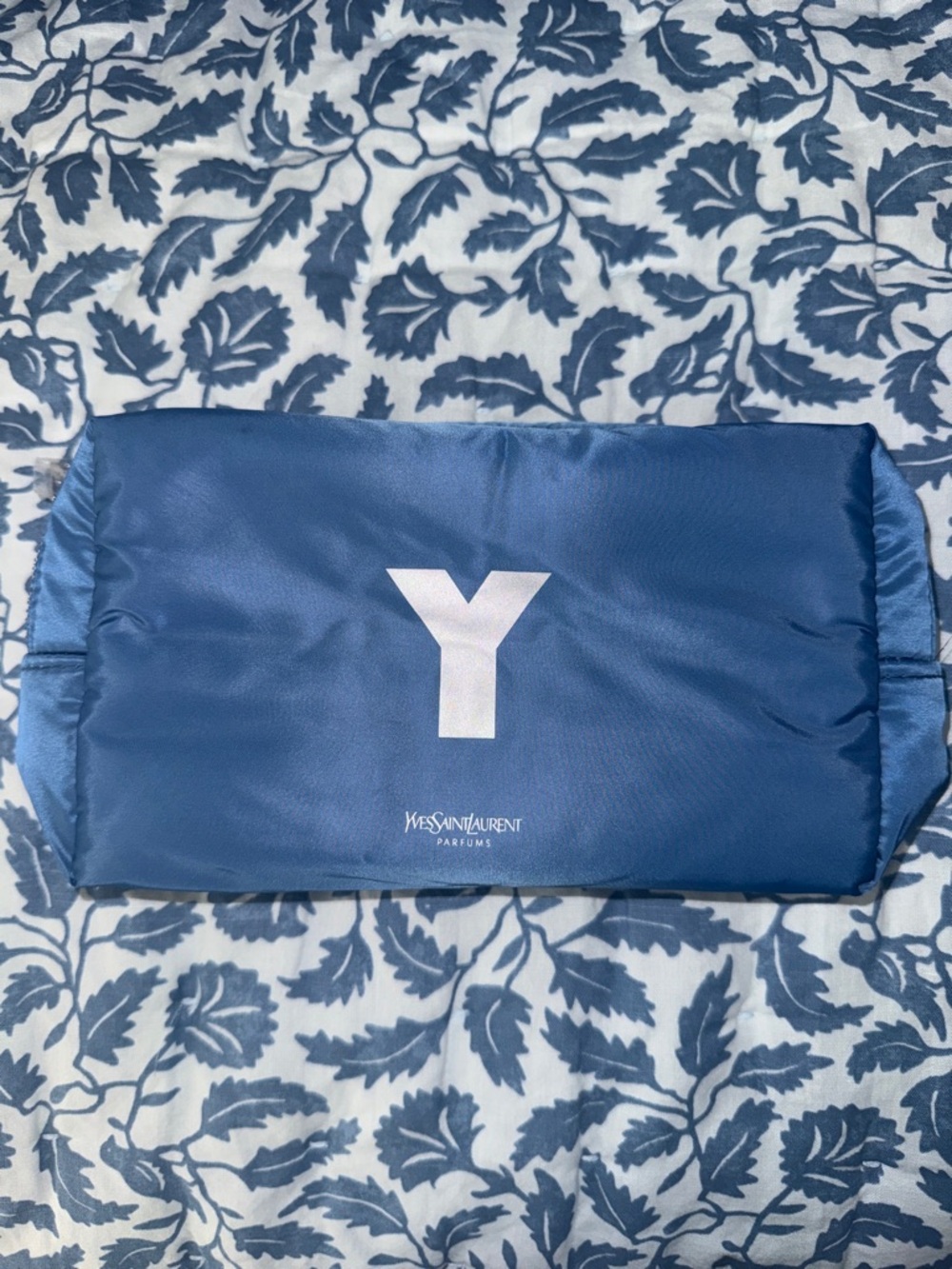 Yves Saint Laurent Navy Blue Satin Cosmetic Pouch with White Y Logo